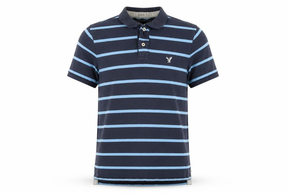 American Eagle Outfitters Men Blue Striped Athletic Fit Polo L