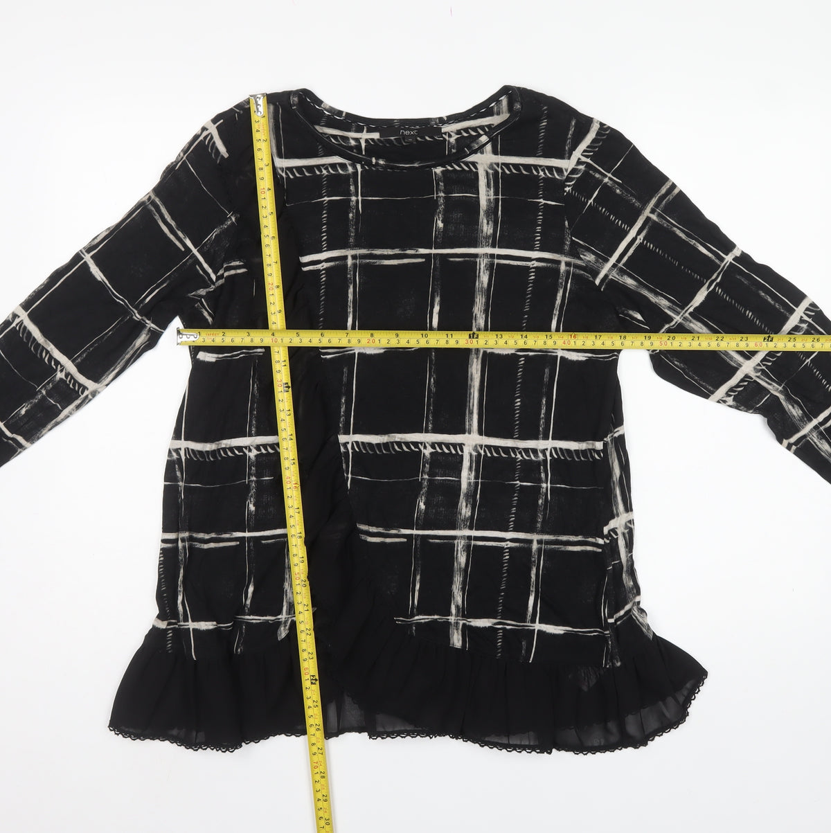 Next Women’s Black Check Viscose Ruffle Hem Tunic Blouse UK 16