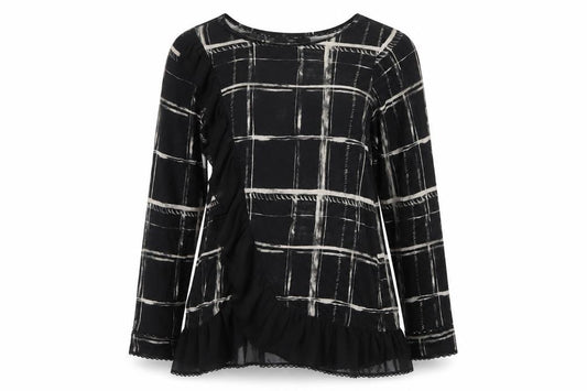 Next Women’s Black Check Viscose Ruffle Hem Tunic Blouse UK 16