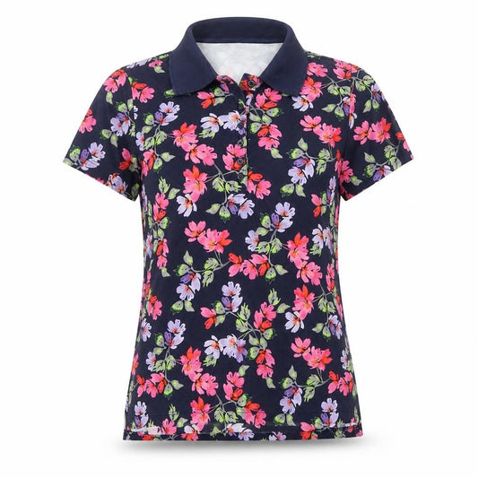 Lands' End Women Navy Floral Cotton Petite 10 Short Sleeve Polo Top