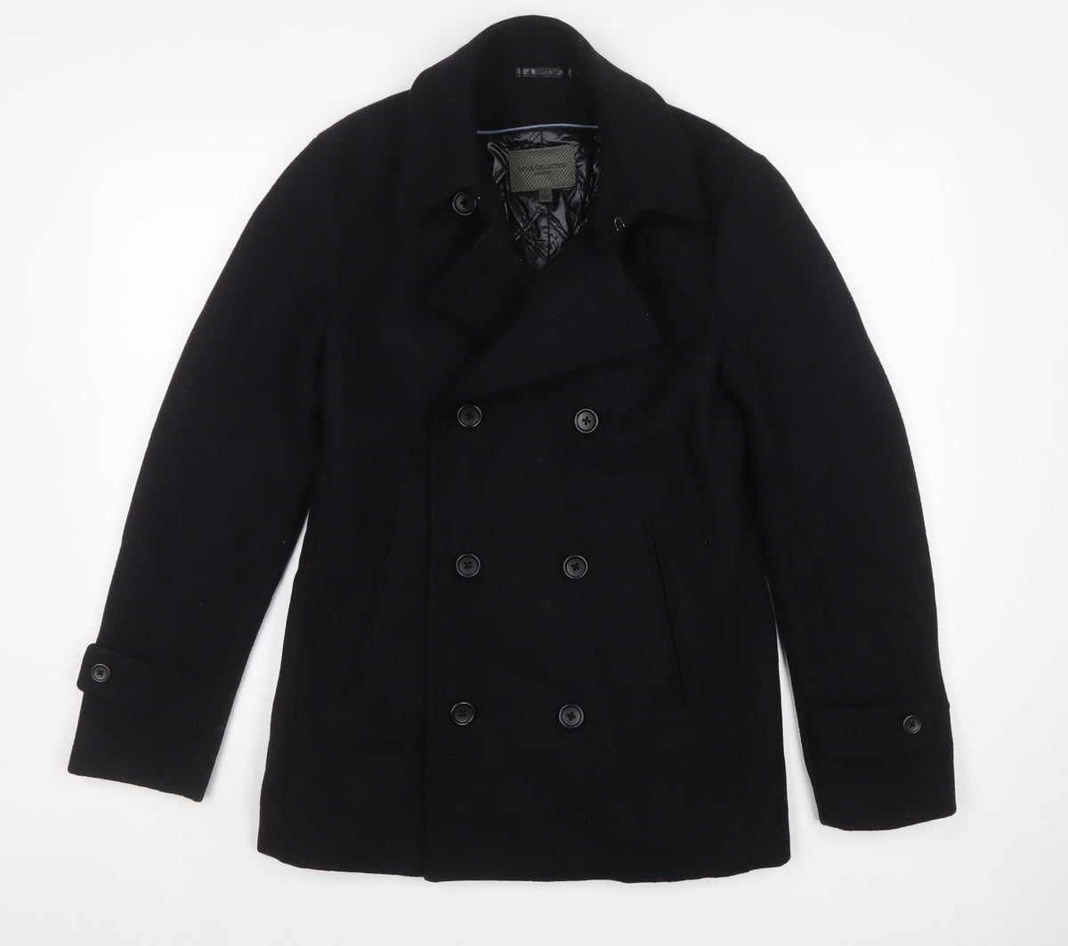 Uniqlo Men’s Black Wool Blend Pea Coat Size S Double-Breasted Lined