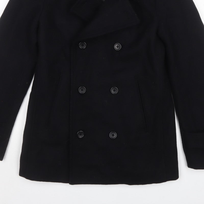 Uniqlo Men’s Black Wool Blend Pea Coat Size S Double-Breasted Lined