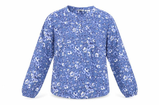 Isle Women Blue Floral V-Neck Button Blouse UK 14 Long Sleeve