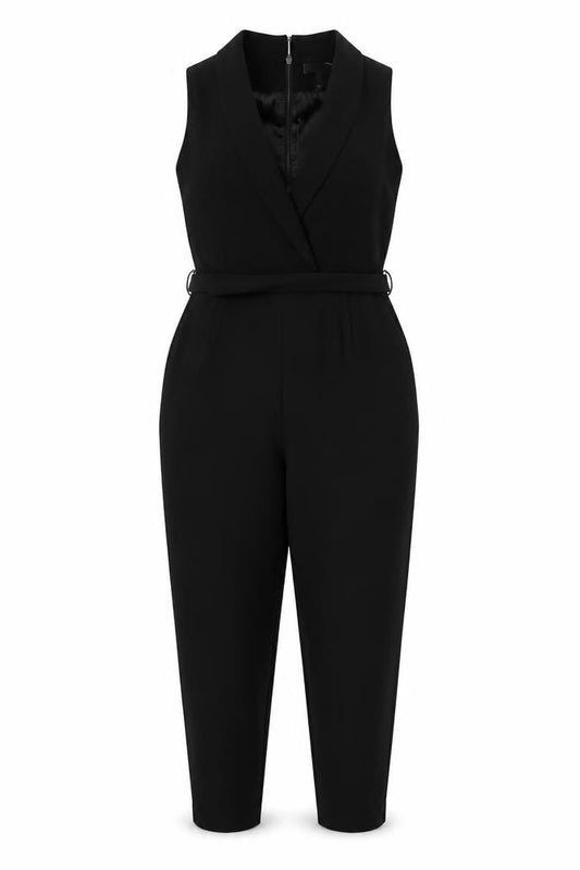 H&M Women Black UK 12 Sleeveless Belted Tapered Jumpsuit