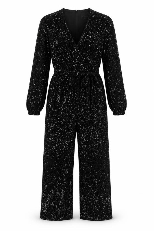 Phase Eight Women Black UK 10 Sequin V-Neck Wide-Leg Jumpsuit