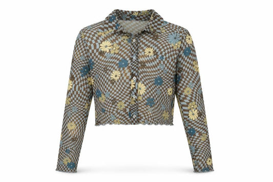 Bershka Women’s Multicoloured M Cropped Floral Check Mesh Button-Up Shirt