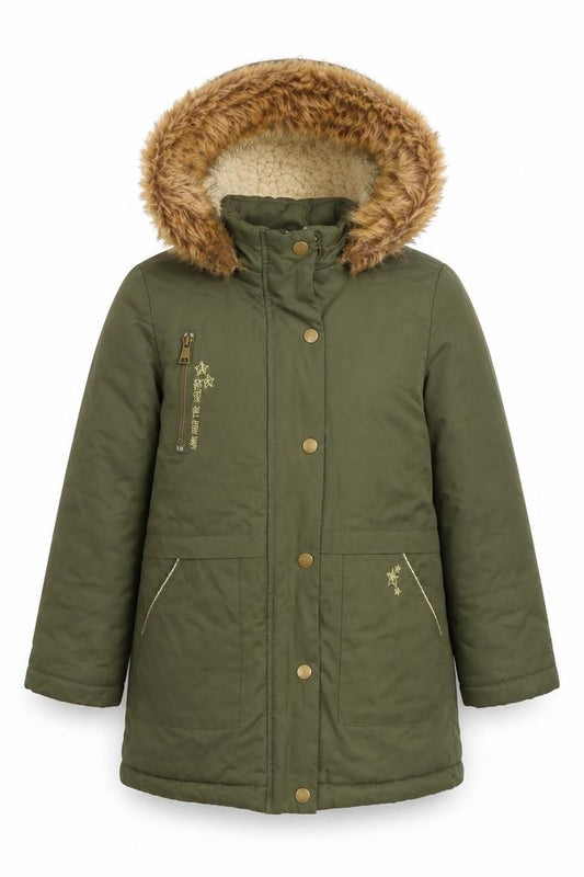 Kiabi Girls Green 8 Years Hooded Faux Fur Trim Parka Coat