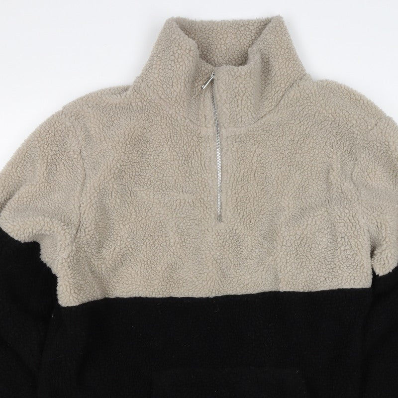 Primary Women’s XL Beige Black Teddy Fleece 1/4 Zip Pullover Jacket