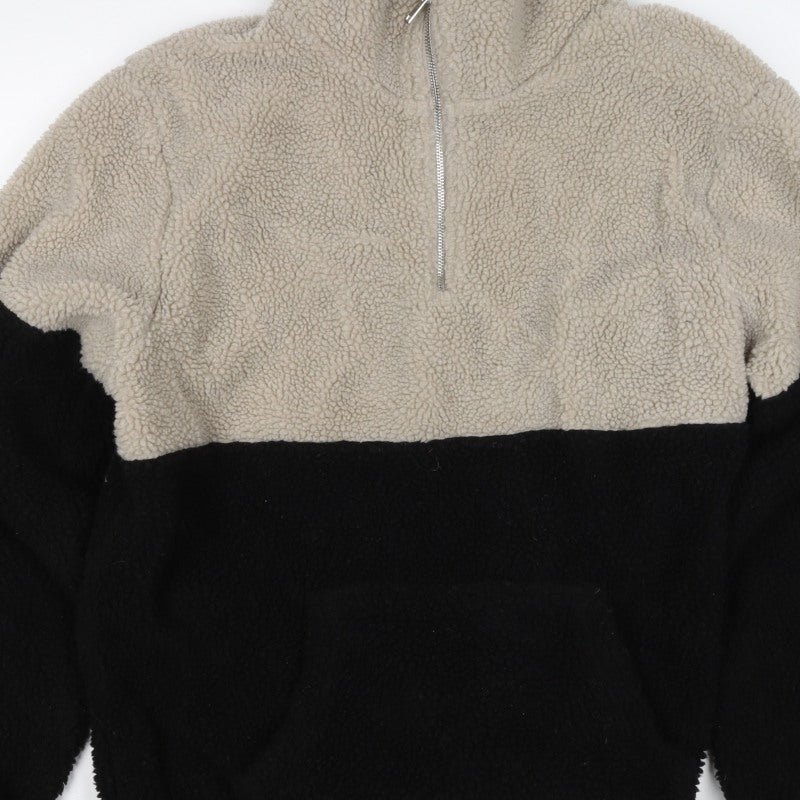 Primary Women’s XL Beige Black Teddy Fleece 1/4 Zip Pullover Jacket