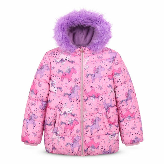 Studio Girls Pink 7-8 Years Unicorn Puffer Jacket Faux Fur Hood