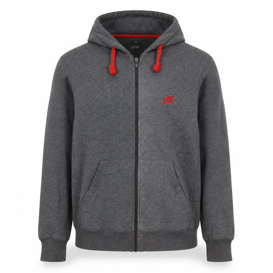 Nike Men’s Grey M Full Zip Hoodie Red Logo Cotton Blend
