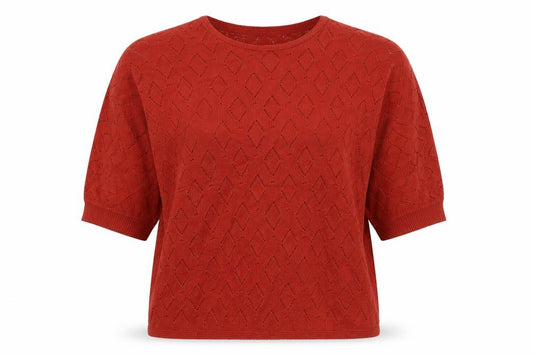 Saloos Women Red UK 14 Geometric Knit Cotton Short Sleeve Top