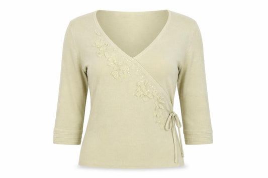 Penn Wright Manson Women Beige S Merino Silk Wrap Embroidered Sequin Top
