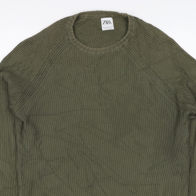 Zara Men Green M Pullover Crew Neck Tight Knit Jumper