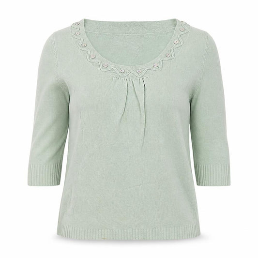 Per Una Women Green UK 12 Knit Scoop Neck Button Long Sleeve Top