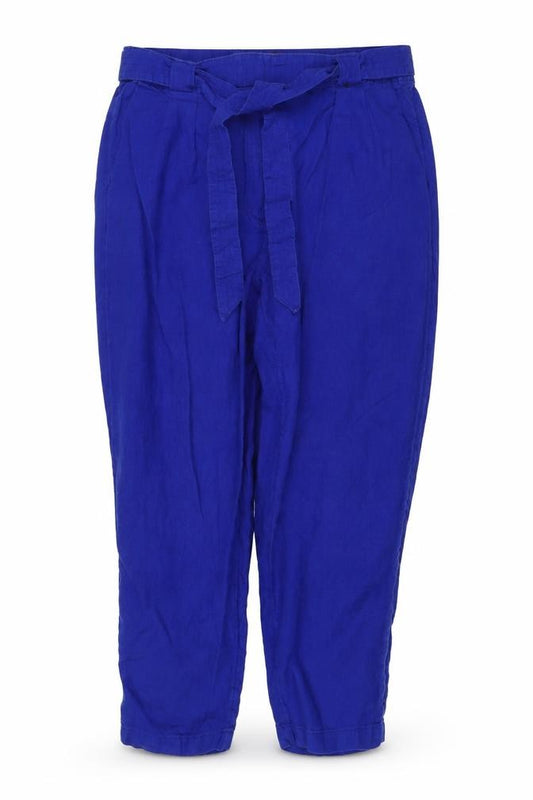 M&S Women Blue UK 20 Linen Cotton Cropped Tapered Belted Trousers