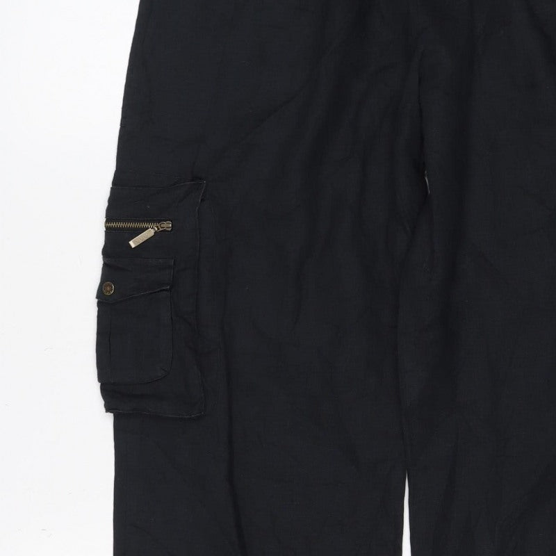 Per Una Women Black Size 14 Regular Linen Cargo Trousers Pockets