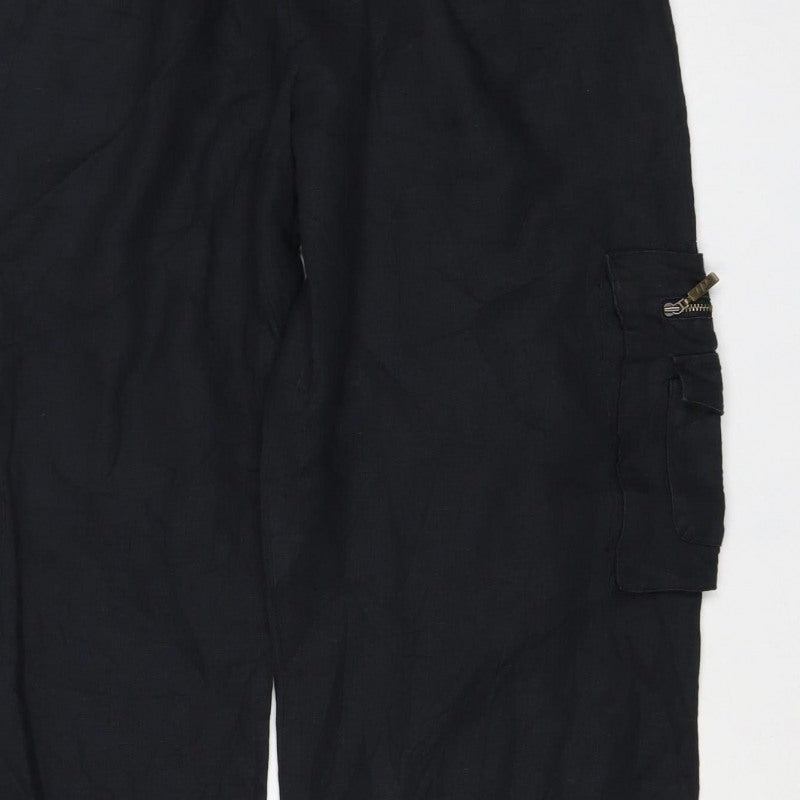 Per Una Women Black Size 14 Regular Linen Cargo Trousers Pockets