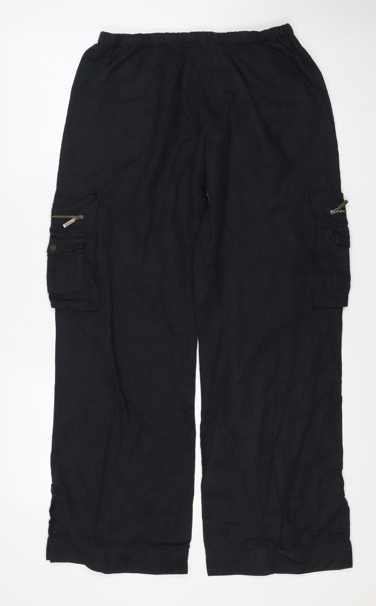 Per Una Women Black Size 14 Regular Linen Cargo Trousers Pockets