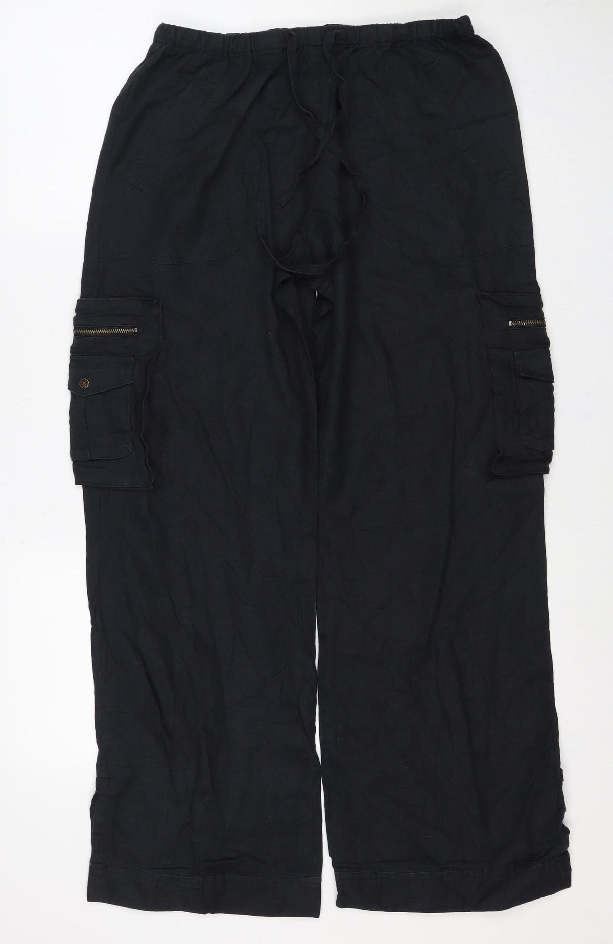 Per Una Women Black Size 14 Regular Linen Cargo Trousers Pockets