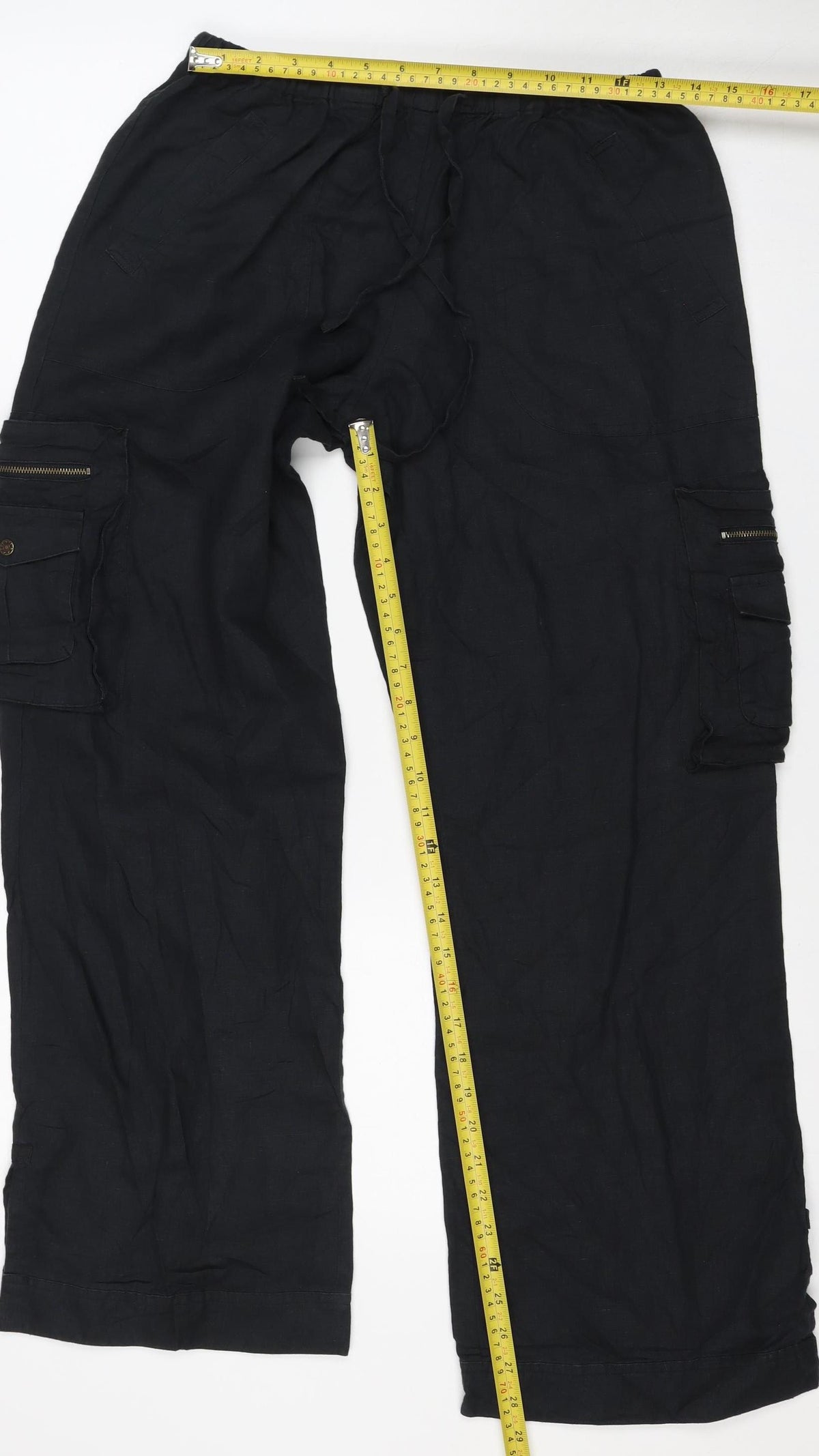 Per Una Women Black Size 14 Regular Linen Cargo Trousers Pockets