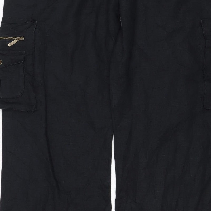 Per Una Women Black Size 14 Regular Linen Cargo Trousers Pockets
