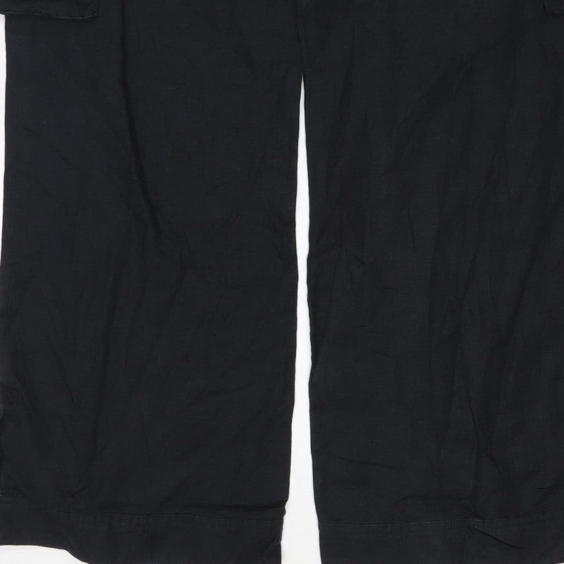 Per Una Women Black Size 14 Regular Linen Cargo Trousers Pockets