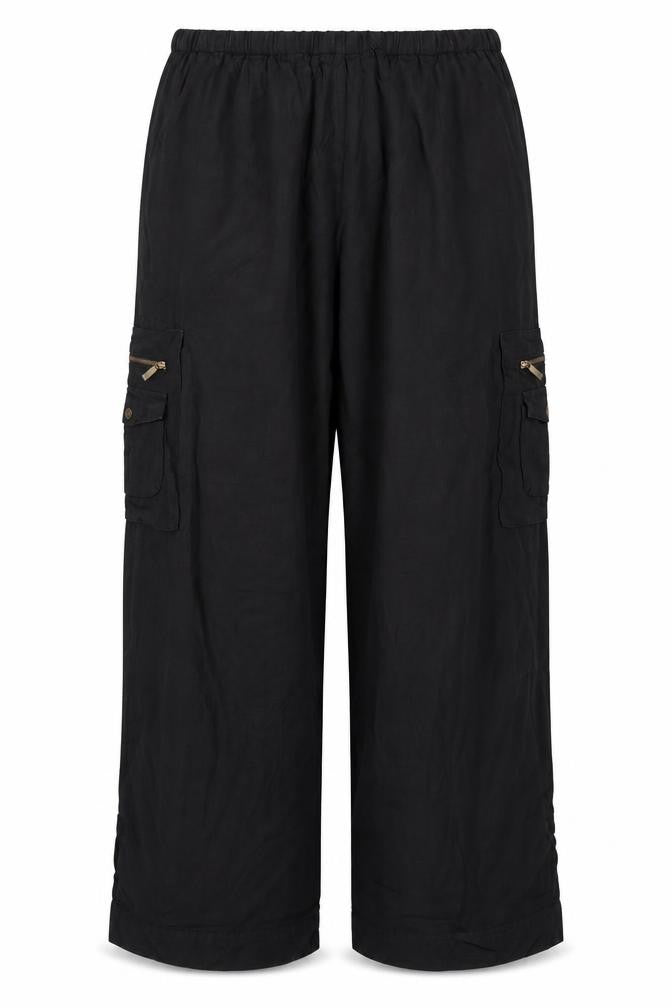 Per Una Women Black Size 14 Regular Linen Cargo Trousers Pockets