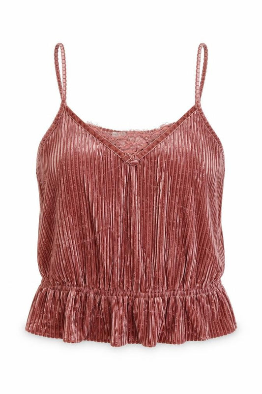 New Look Women Pink Velvet Lace V-Neck Ruffle Camisole Top Size S
