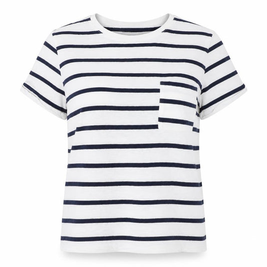 Marks & Spencer Women White Navy Stripe Cotton T-Shirt UK 16 Pocket
