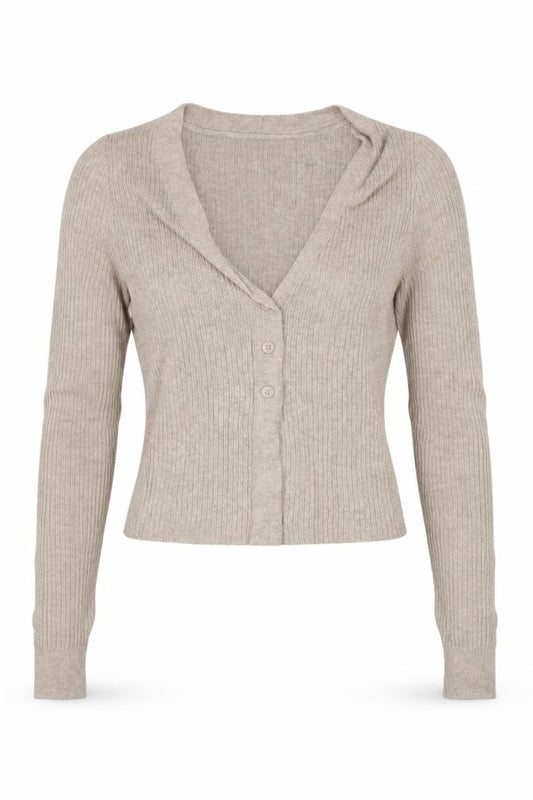 Gilly Hicks Women Beige S Cropped Rib Knit V-Neck Button Cardigan