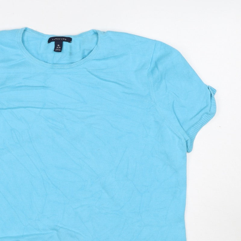 Lands' End Women Blue XL Silk Ramie Knit Short Sleeve Basic Top