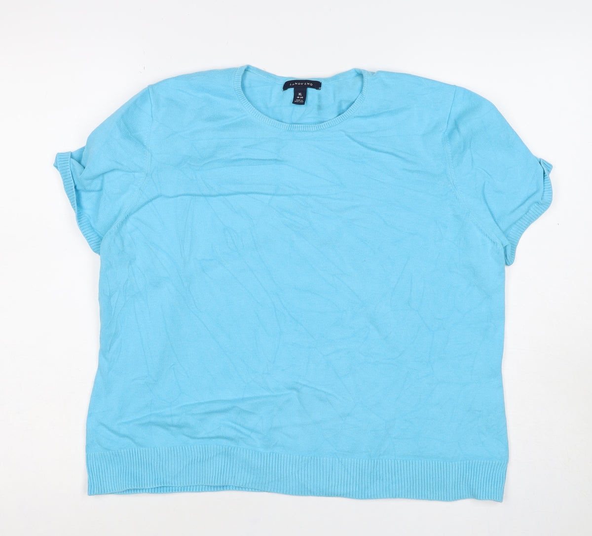 Lands' End Women Blue XL Silk Ramie Knit Short Sleeve Basic Top