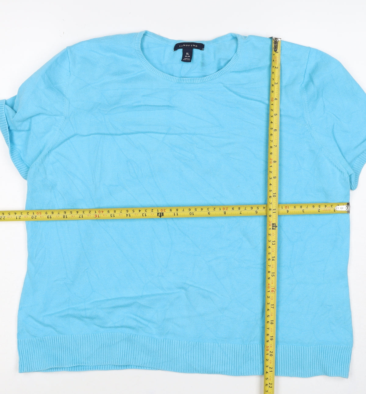 Lands' End Women Blue XL Silk Ramie Knit Short Sleeve Basic Top