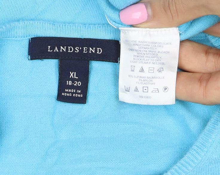 Lands' End Women Blue XL Silk Ramie Knit Short Sleeve Basic Top