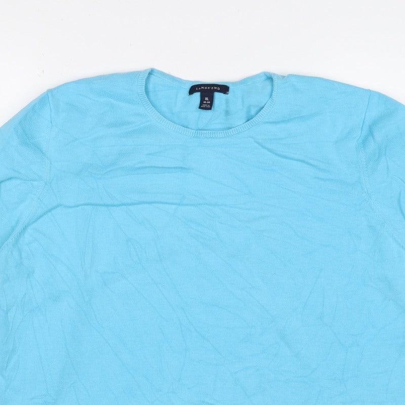 Lands' End Women Blue XL Silk Ramie Knit Short Sleeve Basic Top