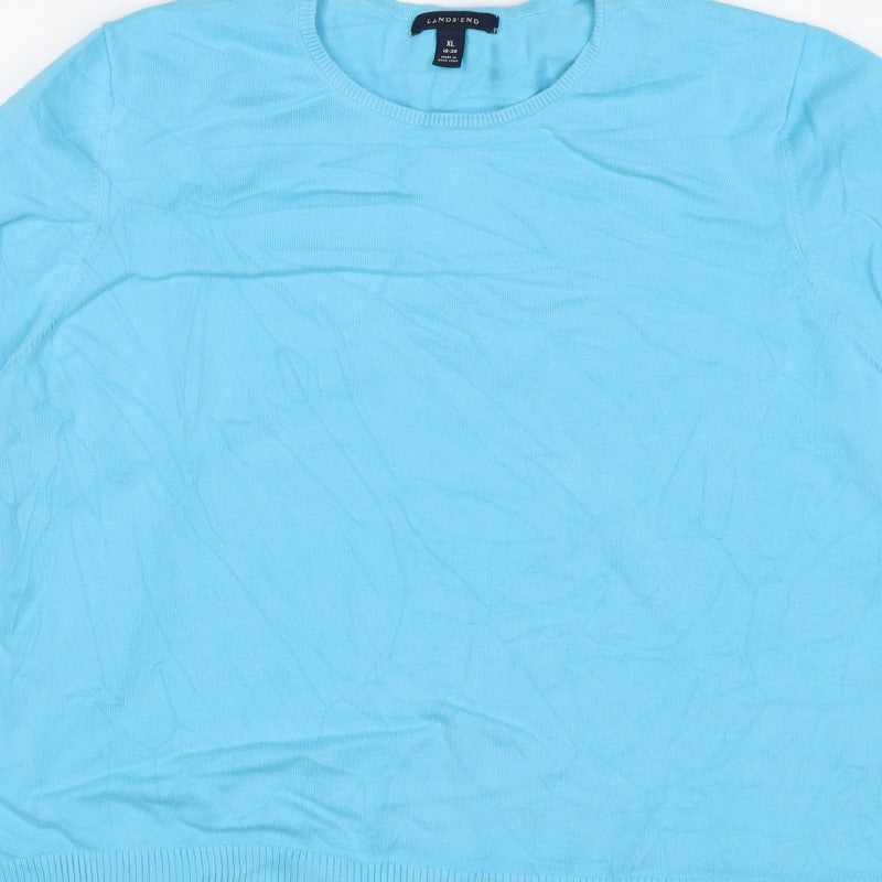 Lands' End Women Blue XL Silk Ramie Knit Short Sleeve Basic Top