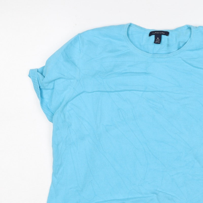 Lands' End Women Blue XL Silk Ramie Knit Short Sleeve Basic Top