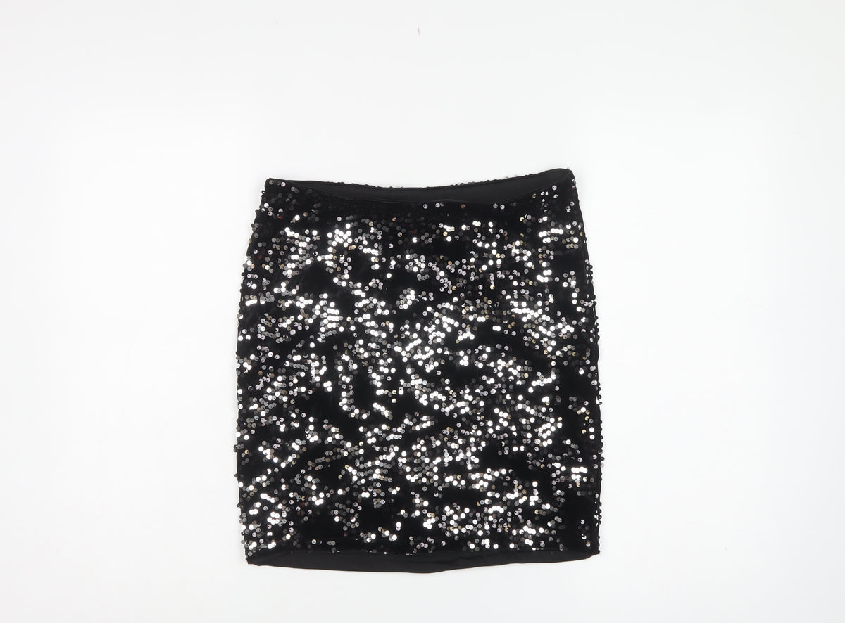 H&M Divided Women Black Silver Sequin Mini Pencil Skirt Size S