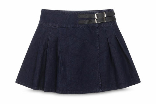 Denim Co Women Blue UK 8 Flare Pleated Denim Mini Skirt Buckles