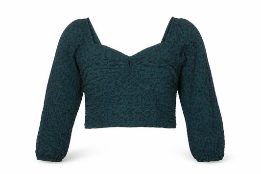 Hollister Women Green XL Cropped Floral Smocked Puff Sleeve Blouse
