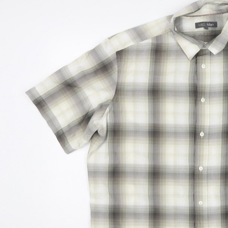 Marks & Spencer Men Grey Plaid XXL Short Sleeve Button-Up Shirt