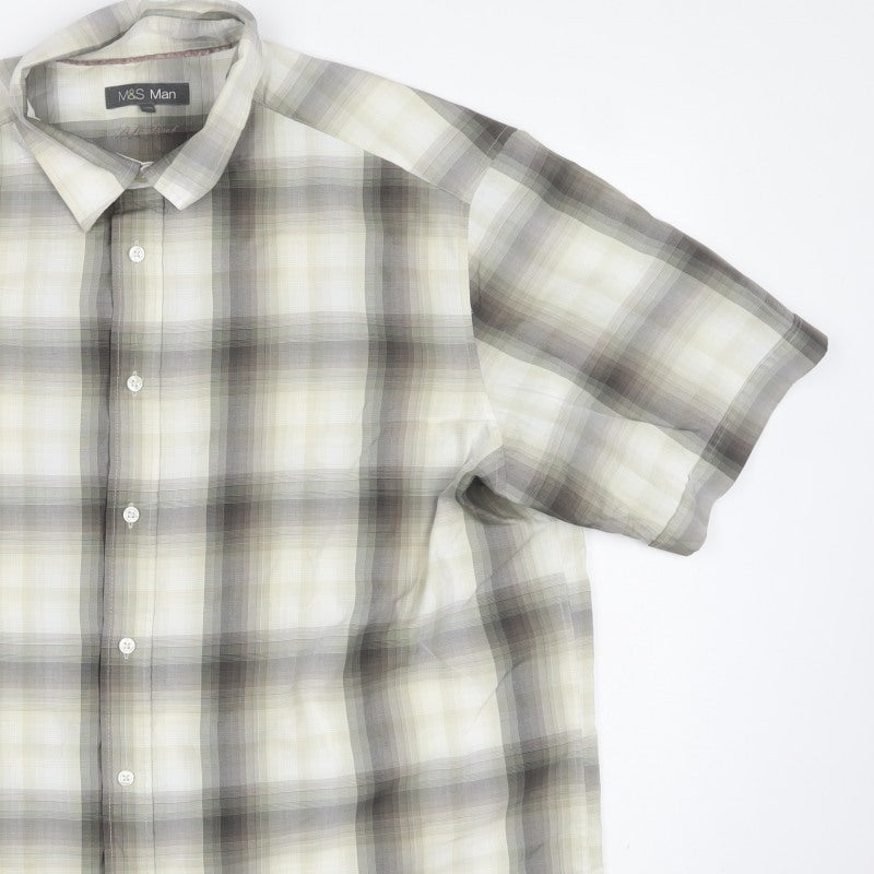 Marks & Spencer Men Grey Plaid XXL Short Sleeve Button-Up Shirt