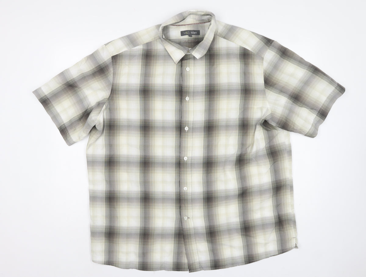 Marks & Spencer Men Grey Plaid XXL Short Sleeve Button-Up Shirt