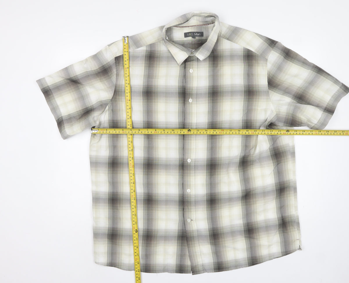 Marks & Spencer Men Grey Plaid XXL Short Sleeve Button-Up Shirt
