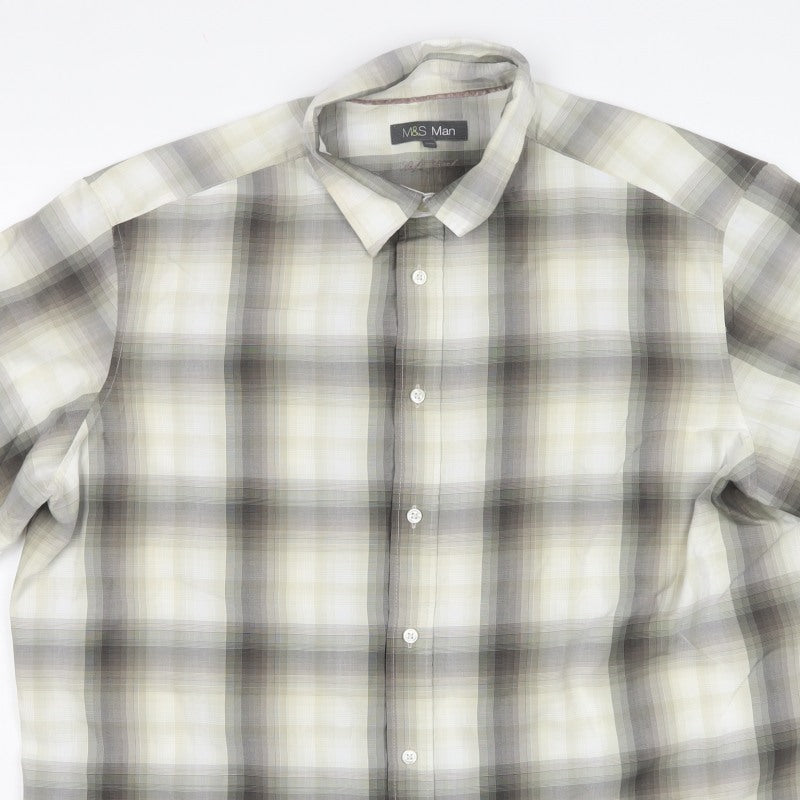 Marks & Spencer Men Grey Plaid XXL Short Sleeve Button-Up Shirt