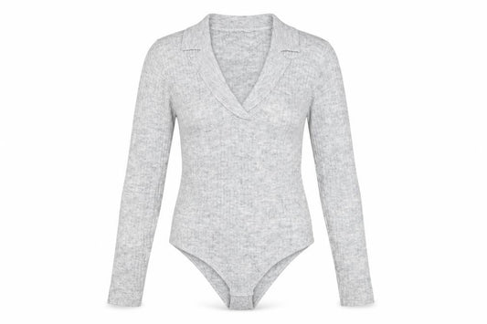 Jack Wills Women Grey UK 10 Rib Knit V-Neck Long Sleeve Bodysuit