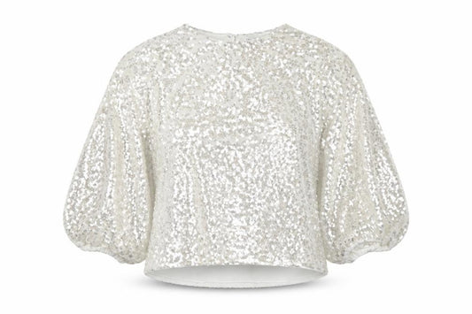 Zara Women Ivory Sequin Cropped Puff Sleeve Party Blouse Size S
