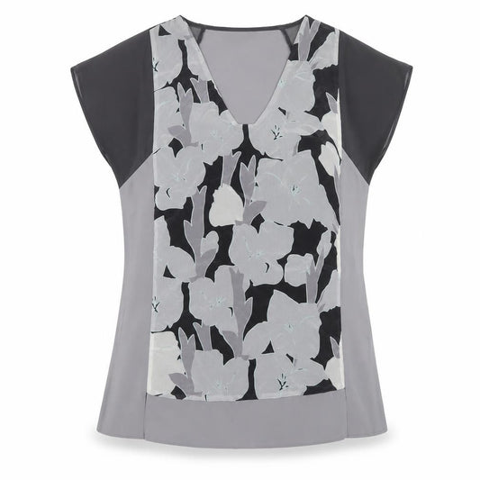 Mint Velvet Women Grey Floral Silk V-Neck Cap Sleeve Blouse UK 14