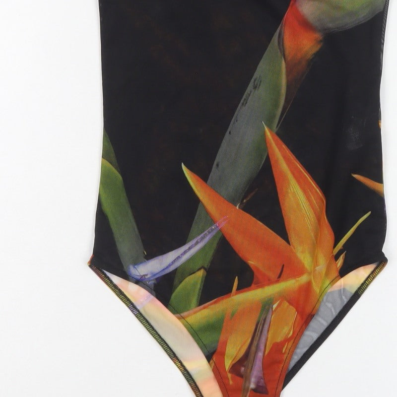Zara Women Multicoloured Size 4 Floral Sheer Mesh Bodysuit